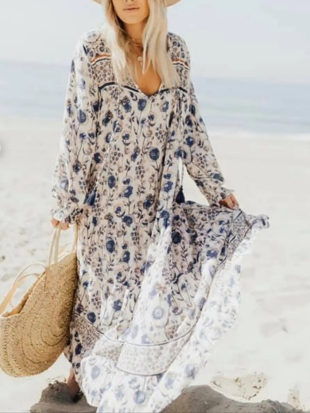 Carly Jean Los Angeles Cream Maxi Dress with Blue Floral Print